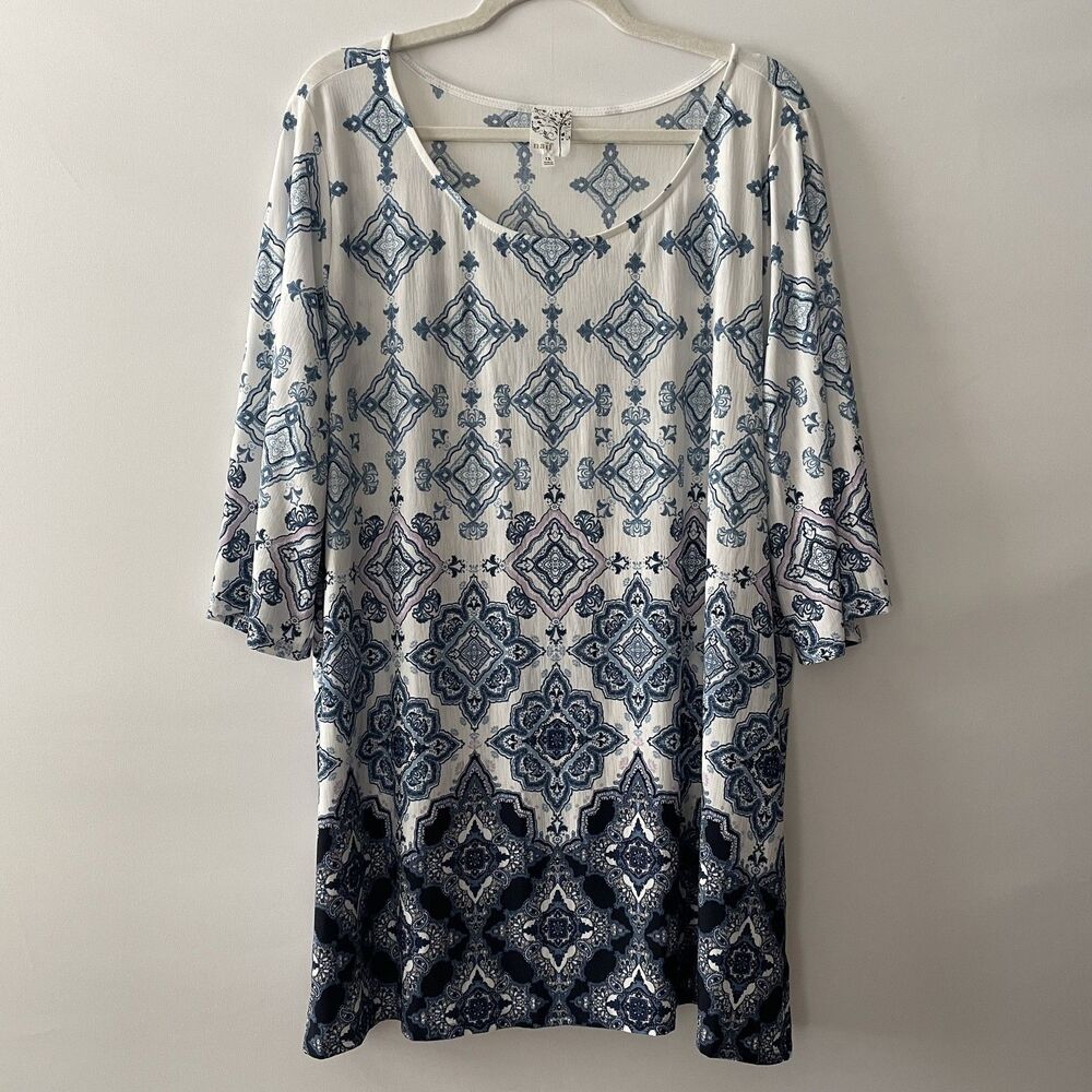 Naif Tunic Top 3/4 Sleeve Geometric Medallion Blue White Women's Size 1X-dmpv